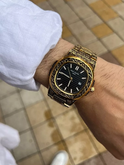 Мужские наручные часы Patek Philippe, с тиснением, в подарочной упаковке — WATCH11-0000057-ЖЕЛТ