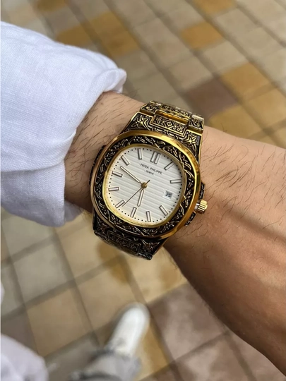 Мужские наручные часы Patek Philippe, с тиснением, в подарочной упаковке — WATCH11-0000057-ЗОЛОТ