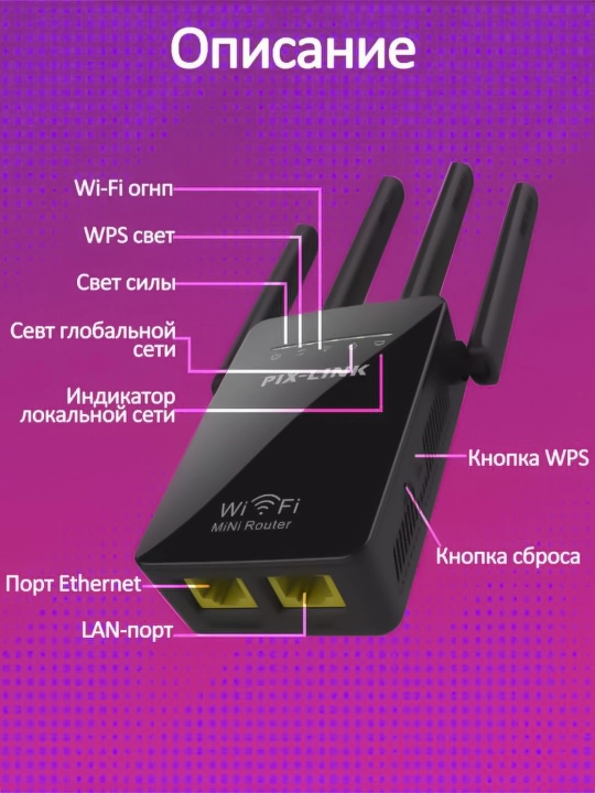 Усилитель сигнала / Роутер Wi-Fi PIX-LINK до 300 Мбит/с, покрытие до 150 м