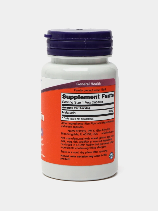 Мелатонин NOW FOODS Supplements, цикл здорового сна, 3 мг, 60 капсул, Халяль