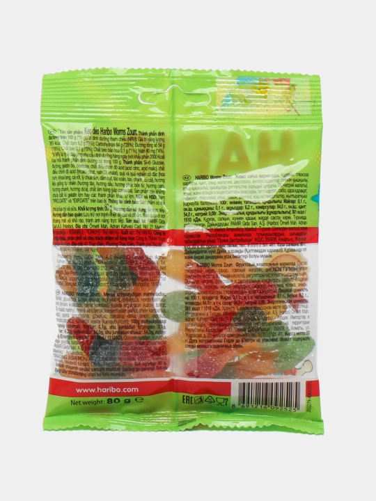 Haribo chaynalgan marmelad Worms zourr, nordon qurtlar, 80 gr,