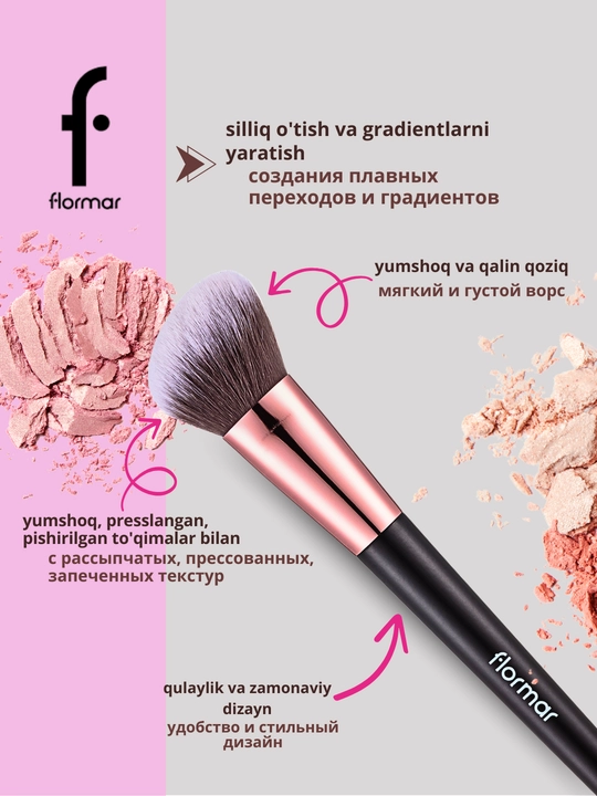 Makiyaj cho'tkalar, soyalar uchun, pudra, rumyana uchun, cho'tkalar to'plami, Flormar