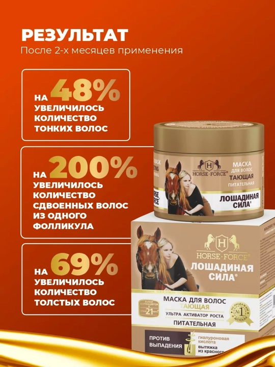Soch uchun eriydigan toyimli niqob, qalampir va gialuron kislotasi bilan, Ot kuchi, 250 ml