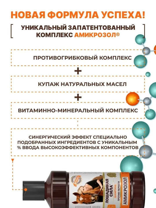 Шампунь против перхоти с Амикрозолом, Лошадиная сила, для всех типов волос, 250 мл
