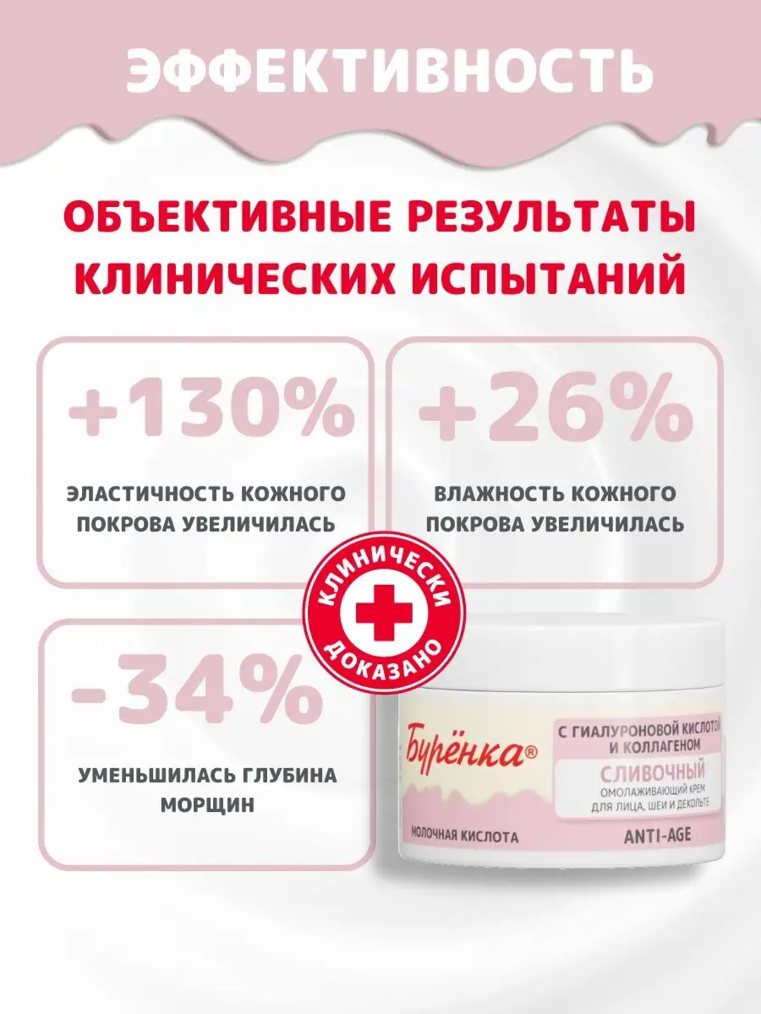 Yuz, bo'yin va dekolte uchun ajinlarga qarshi yoshartiruvchi silliq krem, Бурёнка, 100 ml