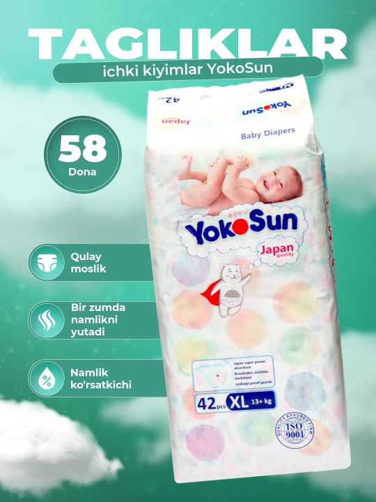 YokoSun Comfort XL (13+ kg) 42 dona tagliklar - bolangiz konfori uchun