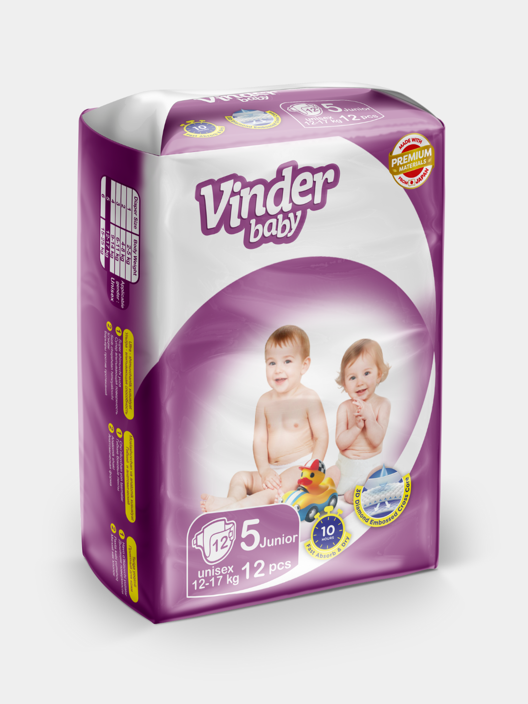 Подгузники Vinder baby PREMIUM Materials 5 Junior, 12 шт, 12-17 кг