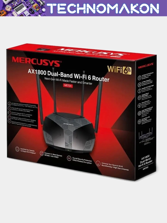 Ikki tarmoqli Gigabitli Wi-Fi router Mercusys MR70X AX1800, Wi-Fi 6