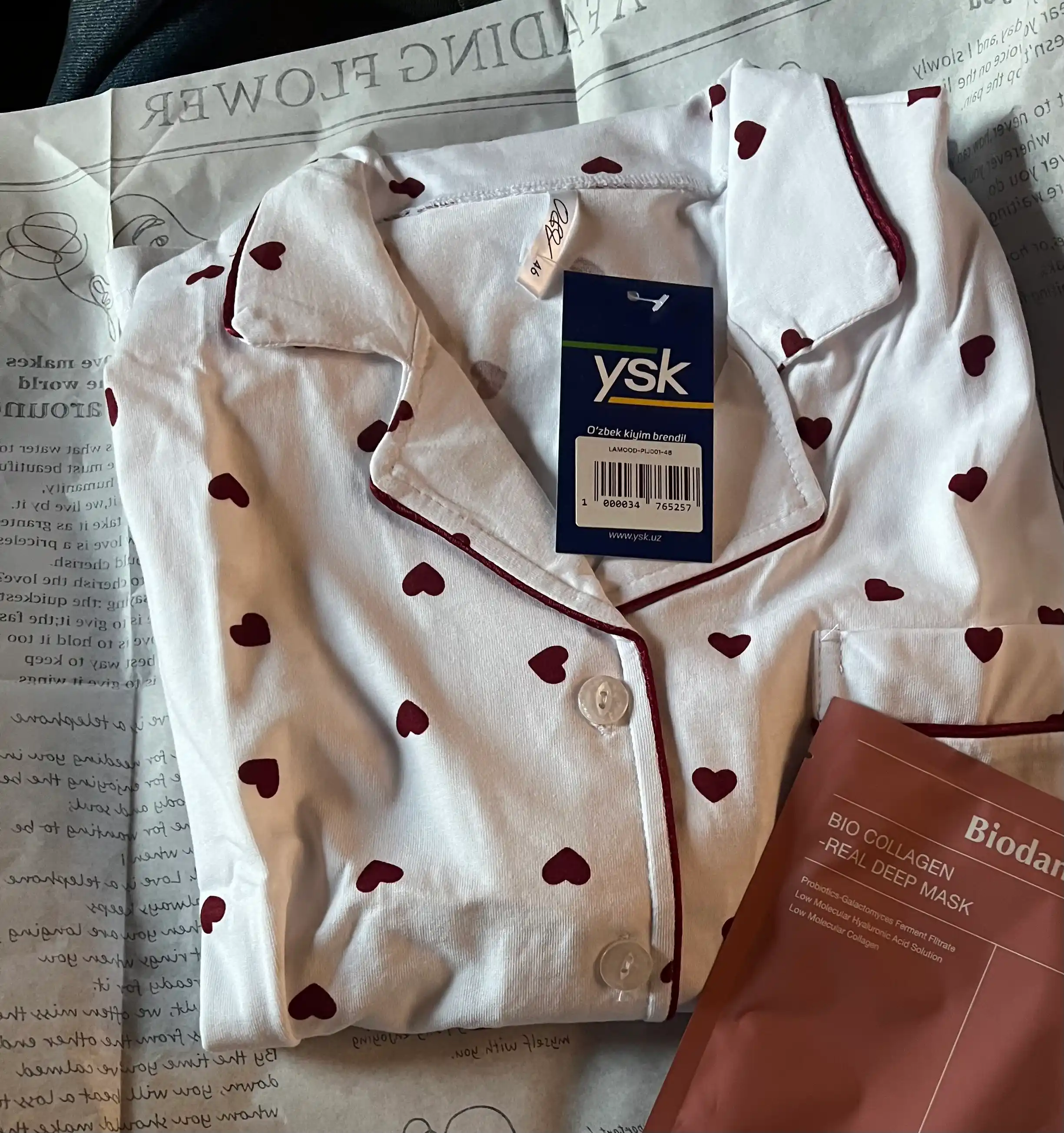 Pijama ayollar uchun-oq, qizil yurakchali, 100% Paxta