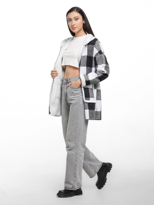 Ayollar uchun flanel ko‘ylak Teddy mo‘ynali, uzun model, kapyushonli
