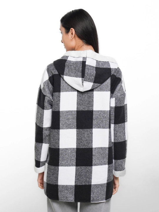 Ayollar uchun flanel ko‘ylak Teddy mo‘ynali, uzun model, kapyushonli