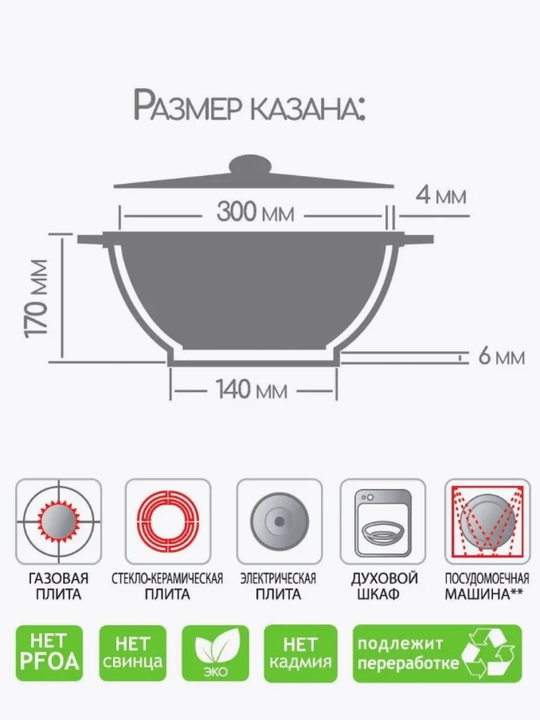 Казан с антипригарным покрытием и крышкой Горница 4, 6, 8, 10 литр