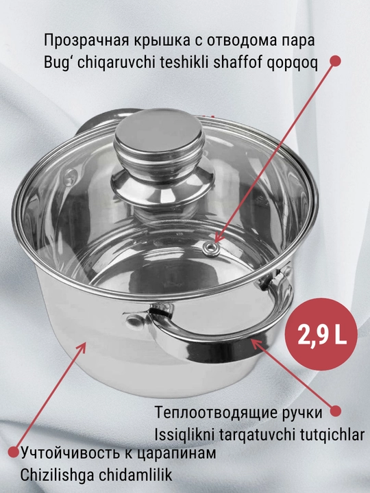 Qopqoqli kostryulka HausRoland, shisha, zanglamas po'latdan, 2.9-3.9-5.1 litr