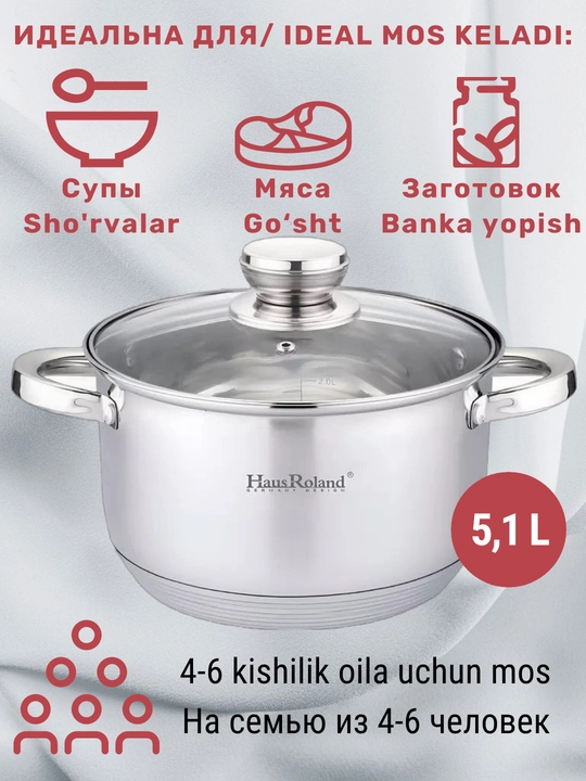 Qopqoqli kostryulka HausRoland, shisha, zanglamas po'latdan, 2.9-3.9-5.1 litr