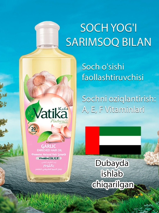 Soch yog'i Dabur Vatika Garlic, sarimsoq bilan, mustahkamlash va o'stirish uchun, 200 ml