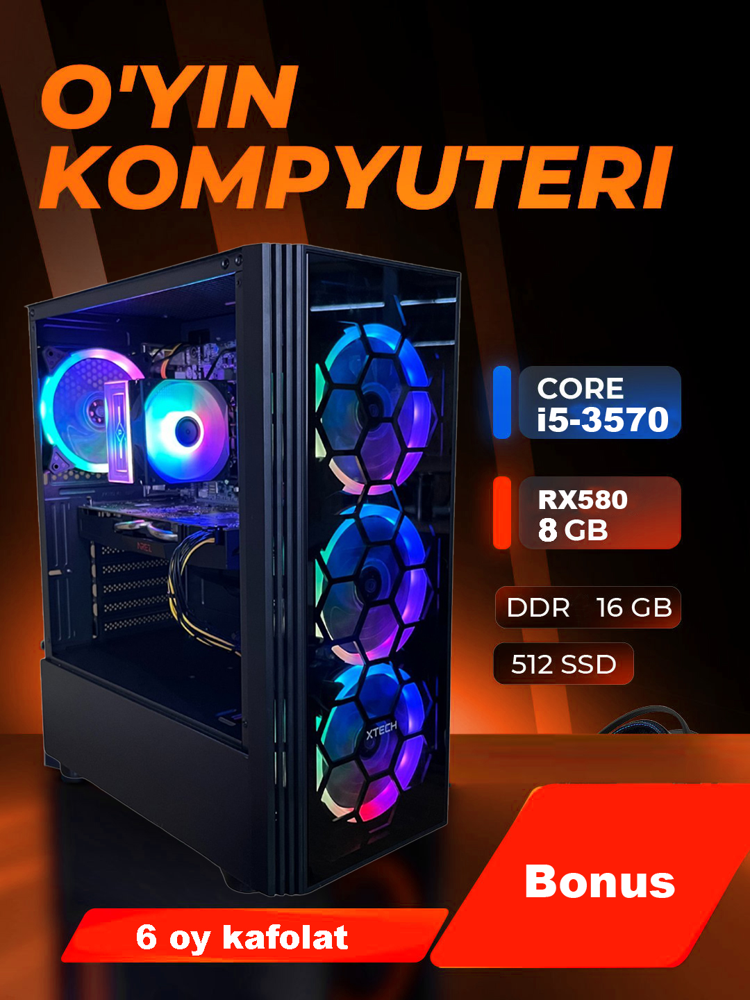 O'yin kompyuteri Core i5, 16 GB operativ xotira, 512 GB SSD, AMD RADEON RX 580 8 GB