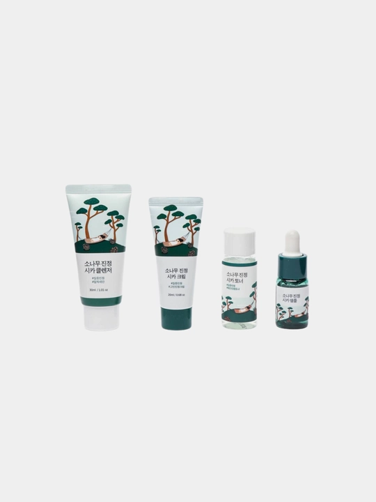 ROUND LAB yuz miniatyuralari sayohat to'plami, Pine Calming Cica Trial Kit, 4 dona