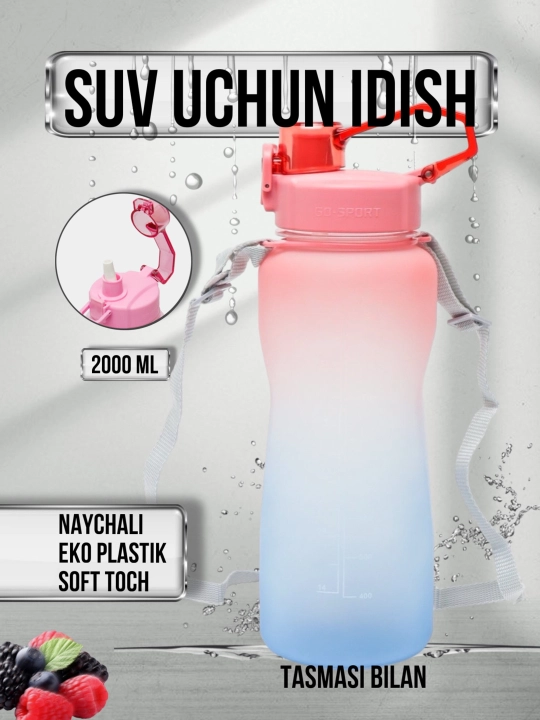 Suv uchun sport shisha, tasma ilgichli, 2 litr va 1 litr