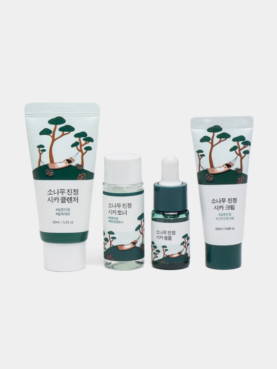 ROUND LAB yuz miniatyuralari sayohat to'plami, Pine Calming Cica Trial Kit, 4 dona