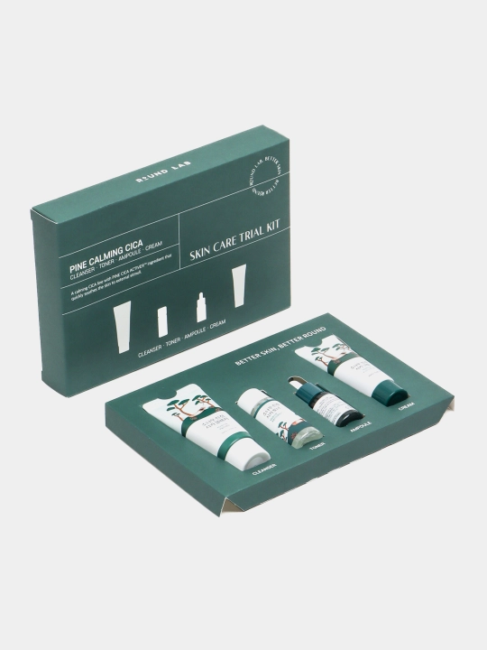 ROUND LAB yuz miniatyuralari sayohat to'plami, Pine Calming Cica Trial Kit, 4 dona
