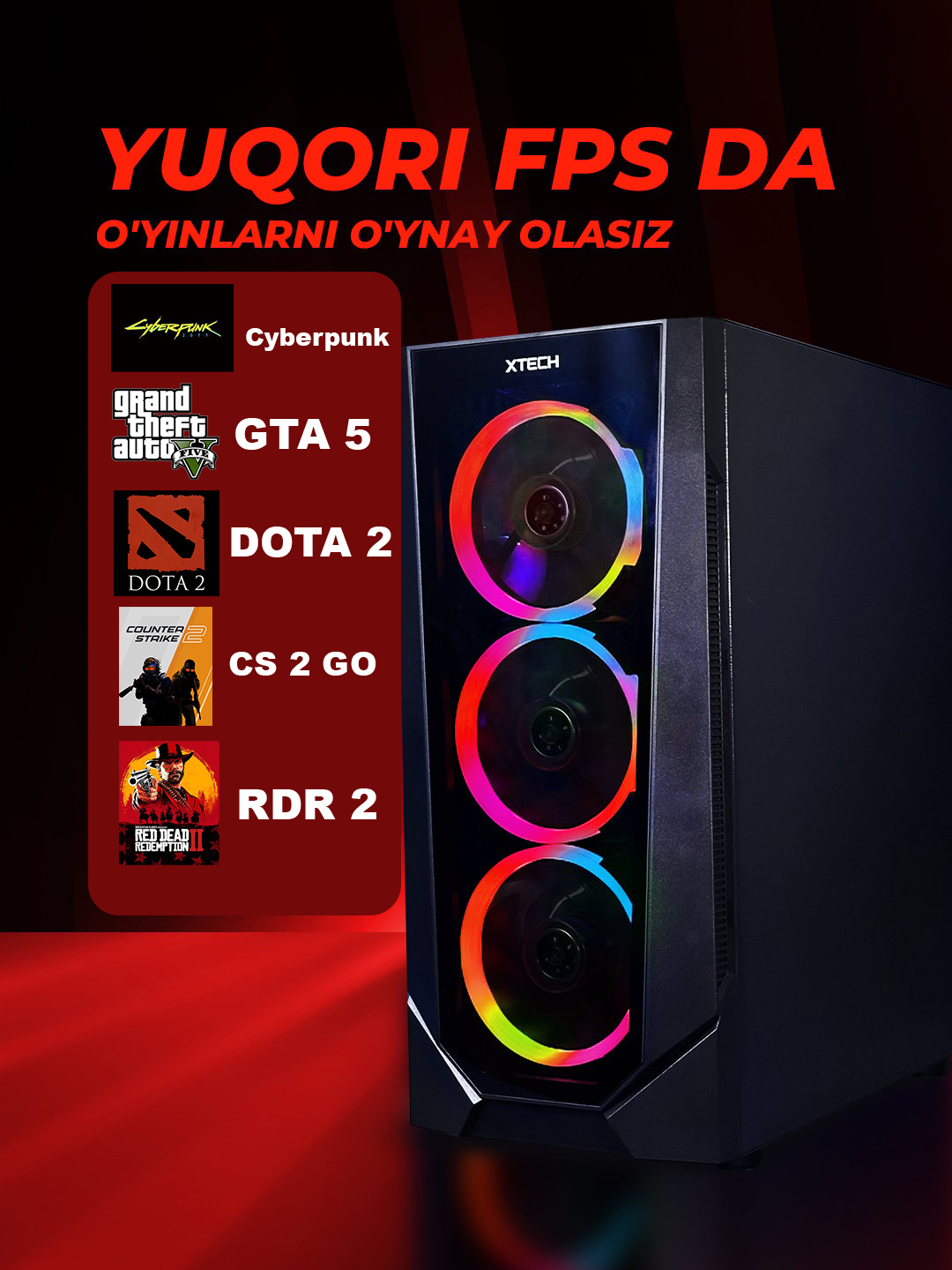 Core i5 12400F o‘yin kompyuteri, 16GB DDR4, 512 GB SSD NVMe, RTX5050 8GB, RTX3060 12GB