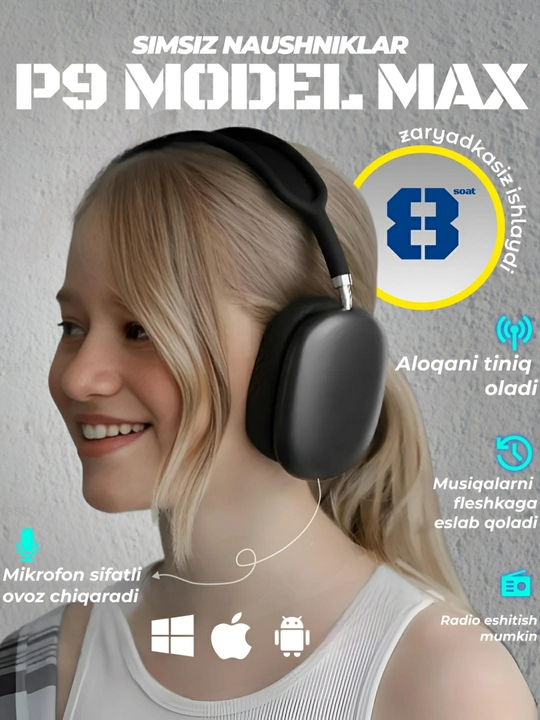 Simsiz quloqchinlar P9, to'liq o'lchamli, mikrofonli AI MAX, Naushnik