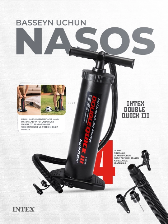 Intex 68615 qo'l nasosi, 48 sm, "Double Quick III" shlangi 4 ta nozulli - 
