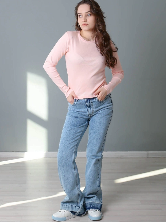 Лонгслив в рубчик с круглым вырезом, slim fit, 92% хлопок, яркие цвета, размеры S/M/L