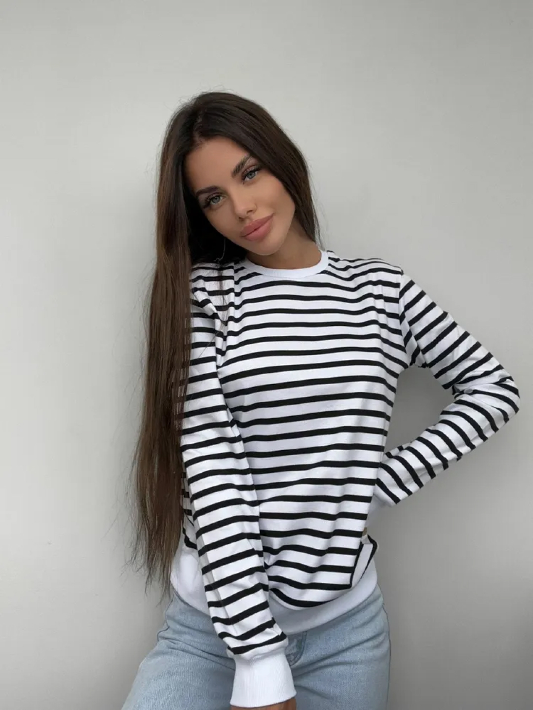 Ayollar uchun longsliv uzun yeng, chiziqli print, telnashka, T-sod 4195