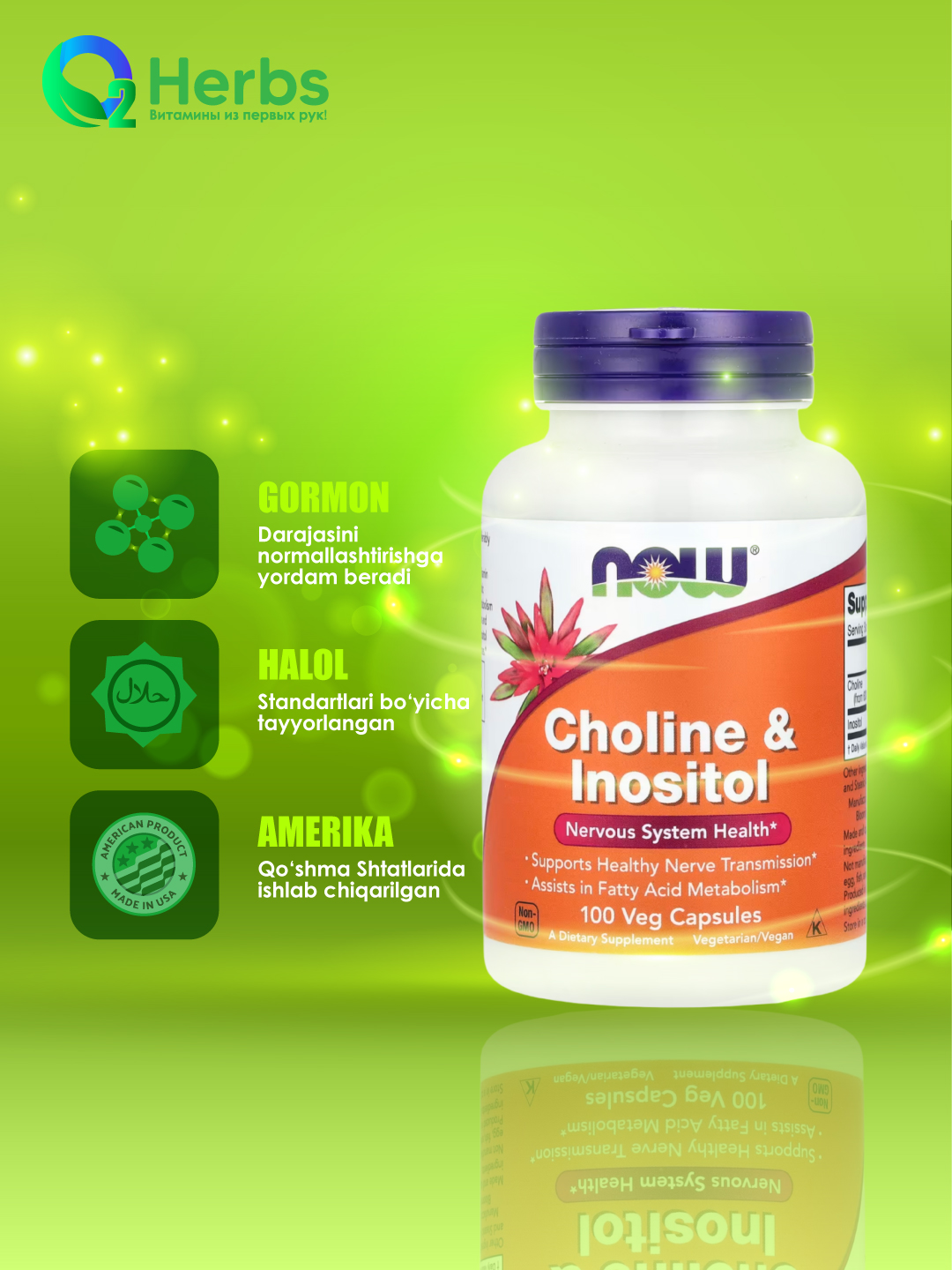 NOW Foods, Xolin va inozitol, 100 vegetarian kapsulalari - 