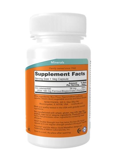 Now Foods Iron temir 36 mg, 90 ta energiya va sog'liqni saqlash kapsulalari, Halol