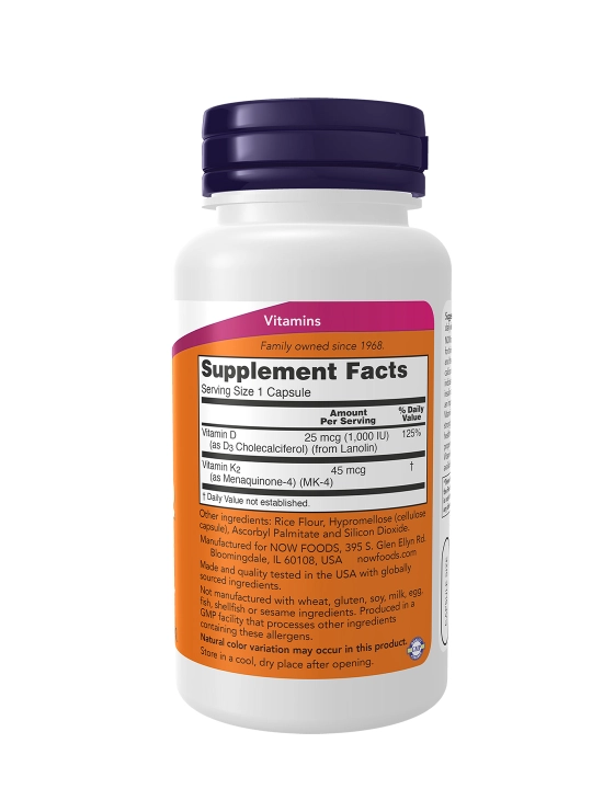 D3 + K2 NOW Foods vitaminlari - mustahkam suyaklar va sog'lom yurak uchun, 120 ta kapsula