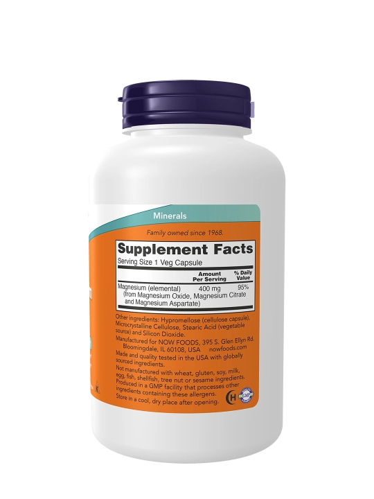 NOW Foods Magniy mushaklar va asab tizimini qo'llab quvvatlash uchun 400 mg, 180 kapsula