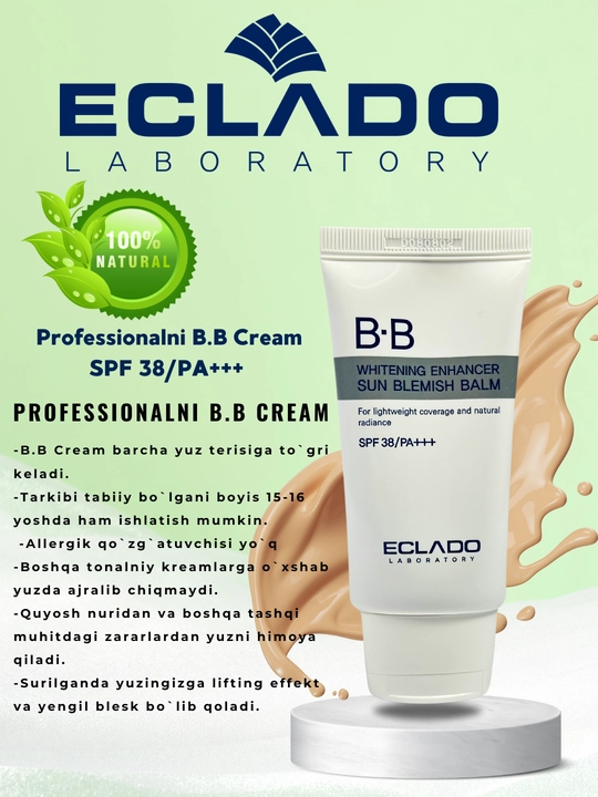 BB-крем Eclado SPF 38/PA+++ подходит для всех типов кожи, для загара лица - 