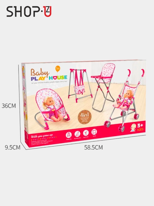 Комплект аксессуаров для кукол 4в1 PlayHouse, коляска, стул для кормления, люлька, качели