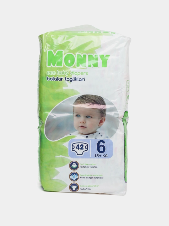 MONNY bolalar tagliklari, o‘lchami 6, 15+ kg, katta qadoqda, 42 dona, by Husfa