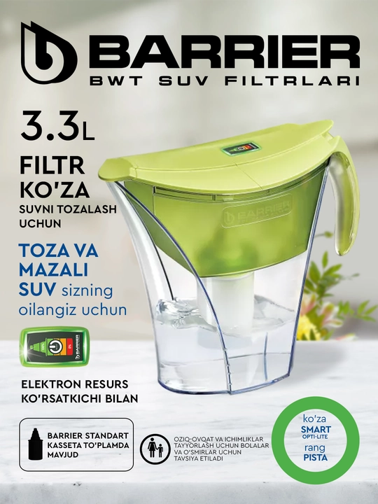 Suv uchun filtrli-kuvshin Барьер Smart Opti-light, pista rang, 3.3 litr