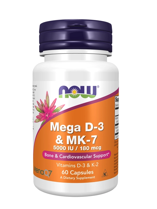 NOW Foods Mega D3 + MK-7, 5000 ME/180 mkg kuchli suyaklar va immunitet, 60 kapsula Halol