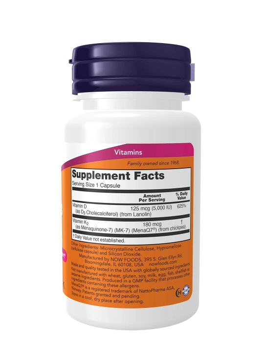 NOW Foods Mega D3 + MK-7, 5000 ME/180 mkg kuchli suyaklar va immunitet, 60 kapsula Halol