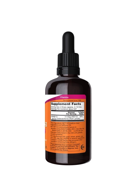 Now Foods suyuq vitamin D3, 400 ME 59 ml, immunitet uchun qulaylik va уengillik