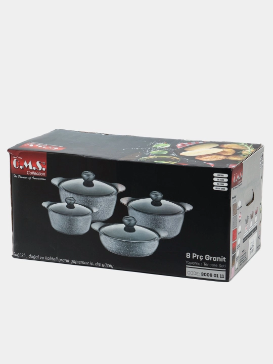 Granit idish-tovoqlar to'plami stikersiz, 8 dona 20*11 - 24*13 - 26*13 - 26*8, kulrang