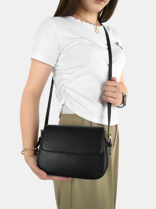 Ayollar sumkasi, qora charm, uzun tasma bilan, krossbody