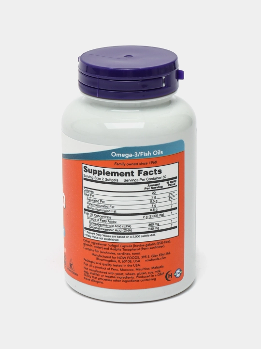 NOW Foods, Omega-3 baliq yog'i, 1000 mg, 180 EPA, 120 DHA