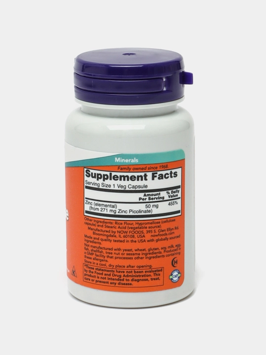 NOW Foods, Пиколинат цинка, 50 мг, 60 растительных капсул