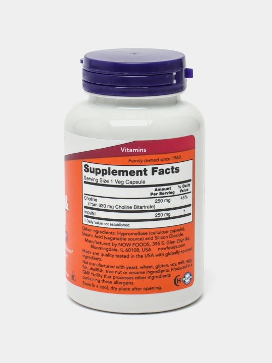NOW Foods, Xolin va inozitol, 100 vegetarian kapsulalari