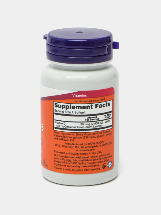 NOW Foods, Bитамин D3, высокоактивный, 2000 МЕ, 120 капсул