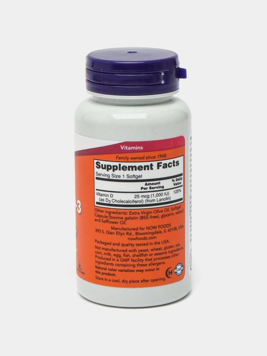NOW Foods, Витамин D3, высокоактивный, 1000 МЕ, 180 мягких таблеток