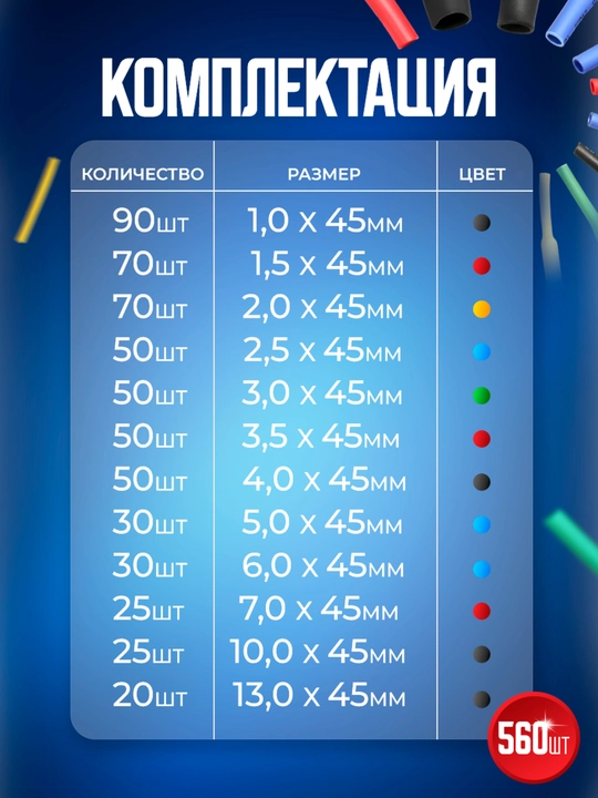 Simlar uchun issiqlik qisqaradigan quvurlar, cambric to'plami 560 dona, 2: 1, ulagichlar