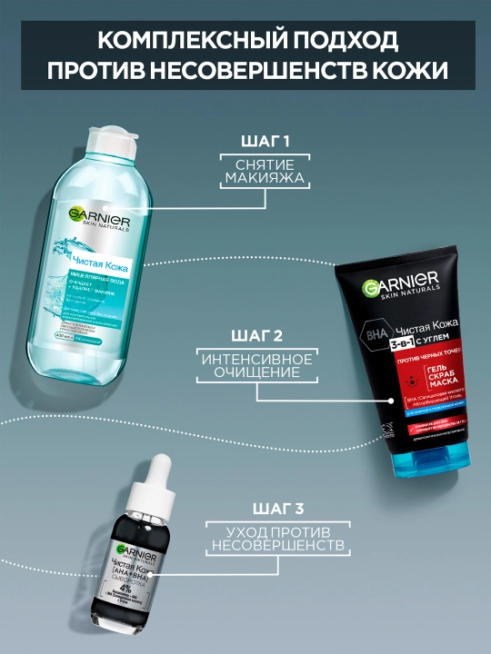 Garnier Гель + Скраб + Маска для лица Чистая Кожа Актив 3-в-1 с углем с экстрактом черники, 150 мл