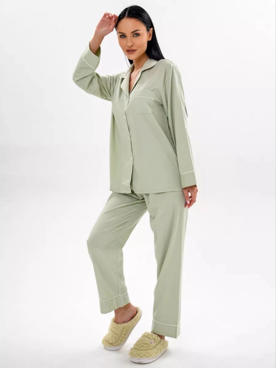 Ayollar pijamalari, uzun yengli ko'ylak va shimli pijama, 100% paxta